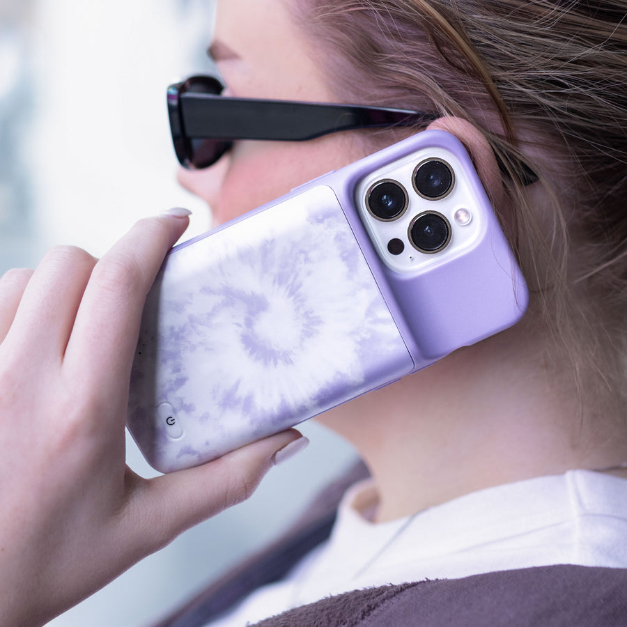 Purple Tie Dye iPhone Charging Case lifestyle