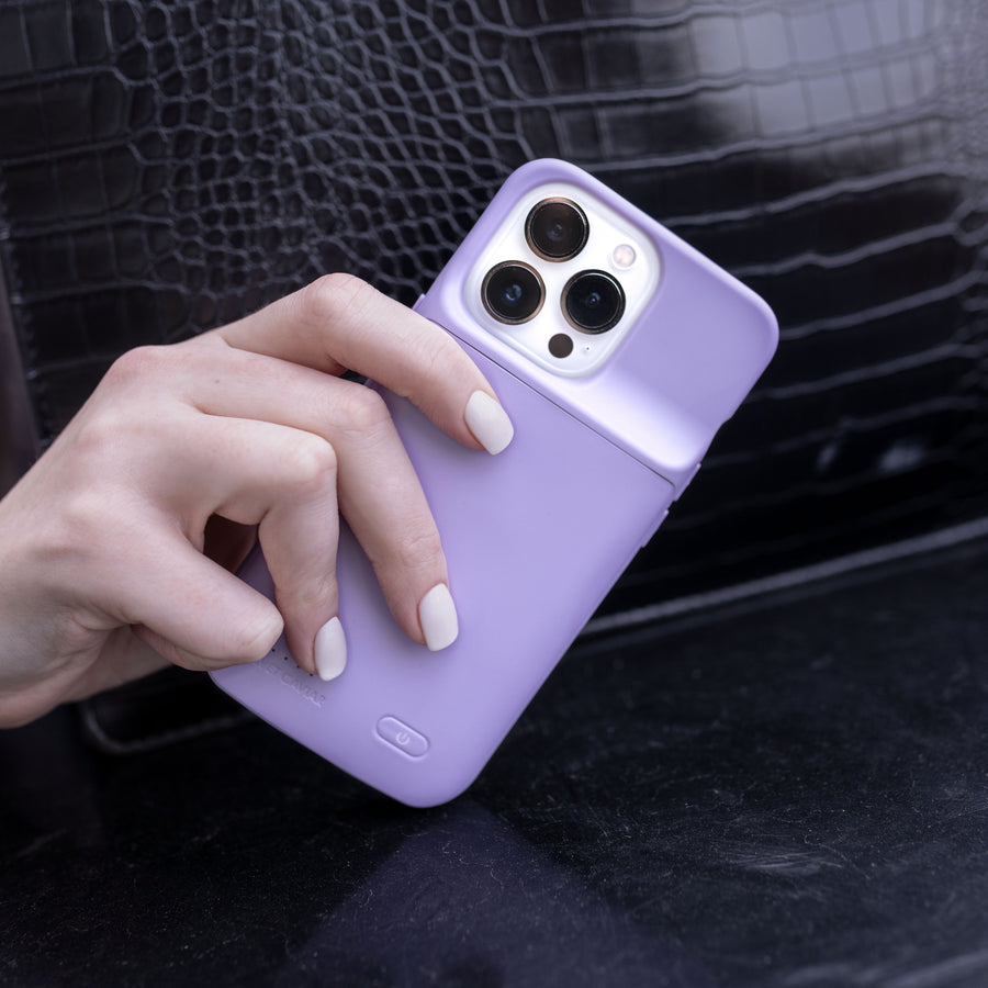 Light Purple iPhone Charging Case lifestyle