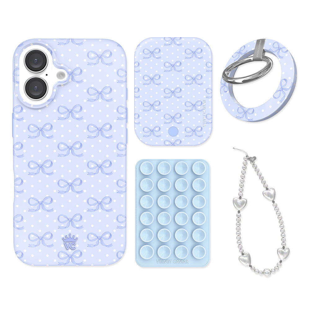 Lovely Blue Bows iPhone Bundle Set - Grip For iPhone 14 Plus Lovely Blue Bows iPhone Bundle Set - Grip For iPhone 14 Plus