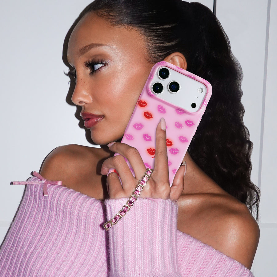 Metallic Pink Leather Chain Phone Charm lifestyle