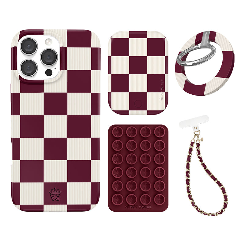 Burgundy Vibe Checkered iPhone Bundle Set - Grip