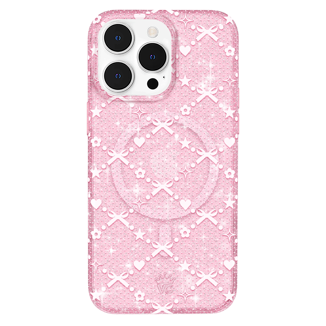 Custodia IPhone 14 Pro Max Con Cuore Di Strass E Cinturino Glitterato - Rosa, Catena Inclusa