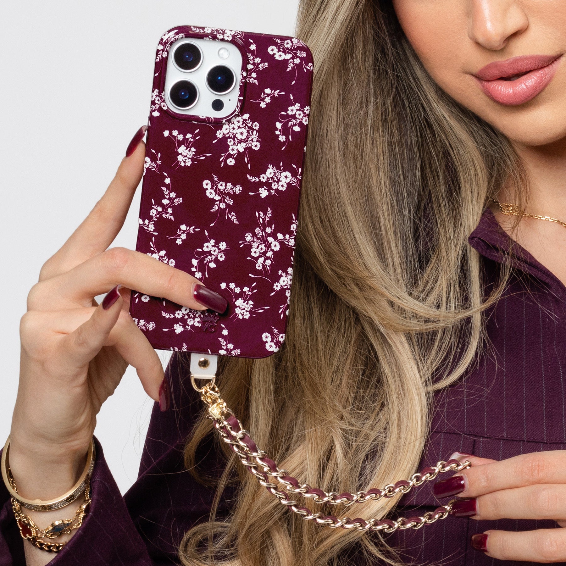 Burgundy Leather Chain Phone Charm - Thumbnail 3