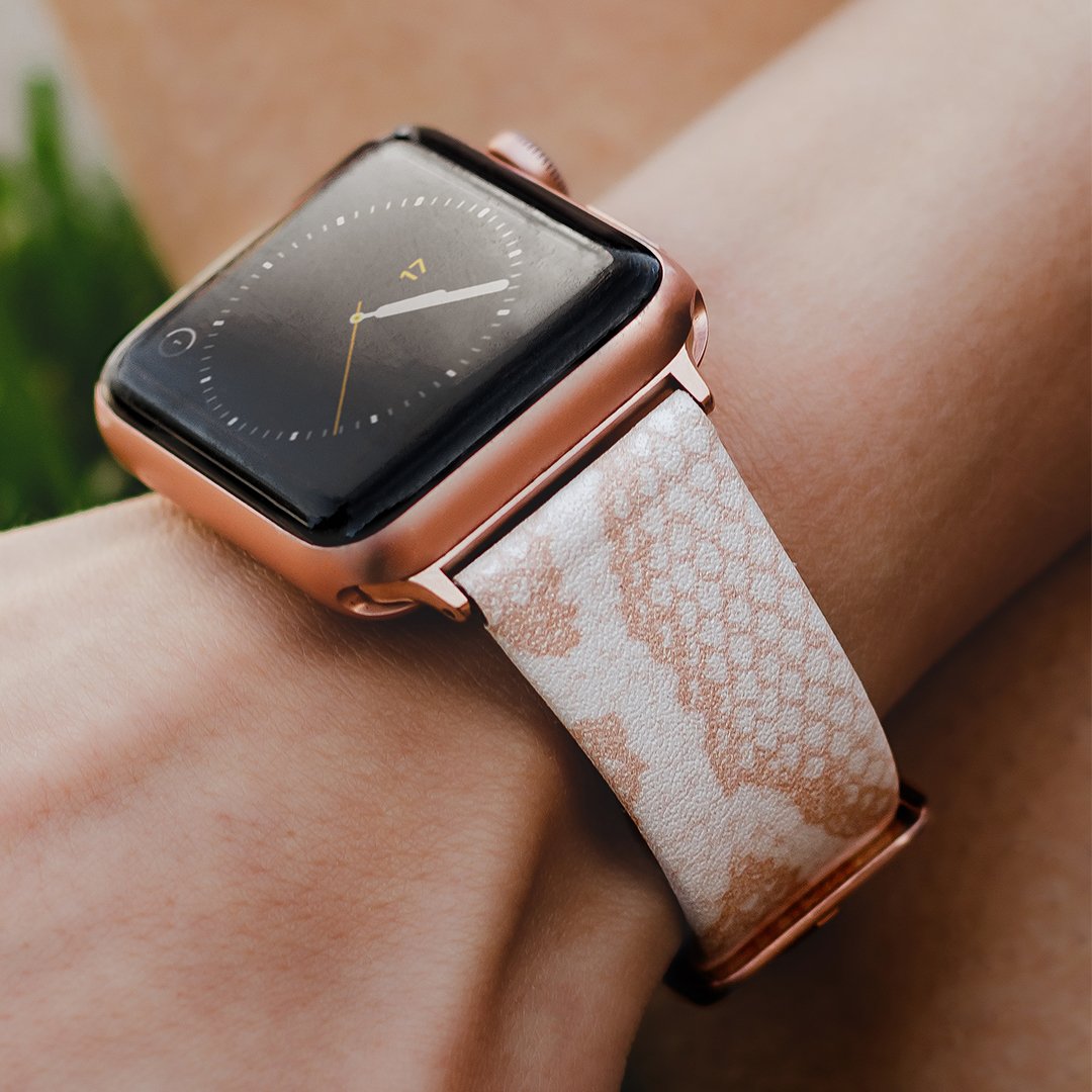 White vegan leather apple band with rose gold